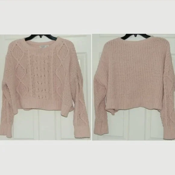 Arizona Jean Co, Women Size M, Cable Knit Crew Neck Crop Top Sweater, Dusty Pink - Picture 1 of 8